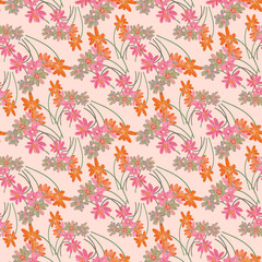 Sweet Seamless Hand-Drawn Floral Pattern with Pink and Orange Sprigs on a Soft Blush Pink Background for Spring and Summer.