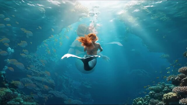 Woman mermaid underwater swimming near coral reef with fish and ascending towards sunlit surface, fantasy scene.