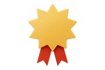 Gold star award badge with red ribbon for achievement, quality guarantee, and winning prize on transparent background