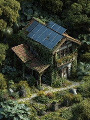 in garden of solar paneled house no logos no brands ar 34