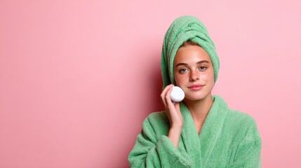 This vibrant image shows a young woman in a green towel applying a facial treatment, emphasizing self-care, beauty rituals, and the importance of relaxation for well-being.