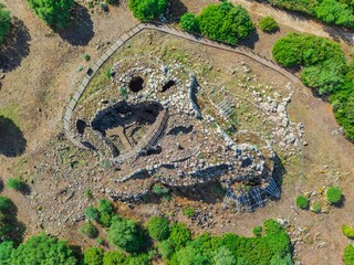 Aerial view of Nuraghe Cuccurada in Mogoro. Sardinia, Italy