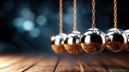 Shiny metal pendulums gently swing over a polished wooden surface, creating a captivating moment of motion and balance that symbolizes physics and dynamics.