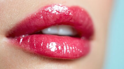 Close-up of a pair of lips adorned with shiny pink lipstick, showcasing the texture and vibrancy of the cosmetic application in a beautifully lit environment.