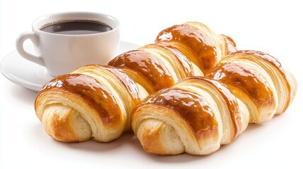 Freshly baked croissants with golden crust topped with shiny glaze served with a cup of hot coffee on a plain white background