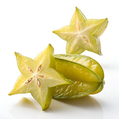 Fototapeta premium A vibrant starfruit carambola levitates gracefully against a pure white backdrop.