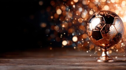 Naklejka premium A gleaming metallic soccer ball trophy resting on a wooden surface, shimmering under the warm glow of lights, embodying triumph and sporting passion for the game.