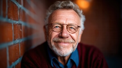 An elderly man with glasses sits against a brick wall, smiling warmly, radiating wisdom, kindness, and a rich life experience, creating an inviting atmosphere.