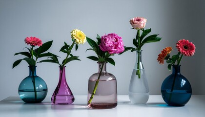 ガラスの花瓶に一輪飾られた花が並ぶミニマルな光景（コピースペース付き） / Minimal scene with single flowers in glass vases with copy space
