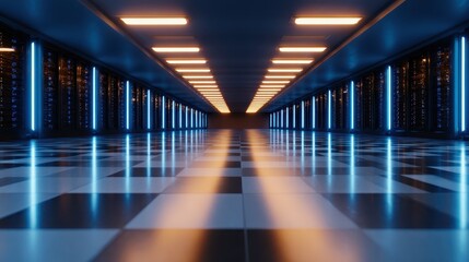 A mesmerizing view of a modern data center showcasing rows of servers illuminated by striking blue and orange lights, reflecting a high-tech atmosphere and advanced technology.