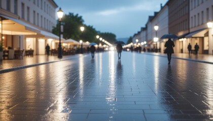 Fototapeta premium 雨に濡れた石畳のヨーロッパの街並み / Rain-soaked cobblestone street in a European city 