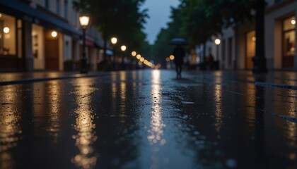 雨に濡れた石畳のヨーロッパの街並み / Rain-soaked cobblestone street in a European city
