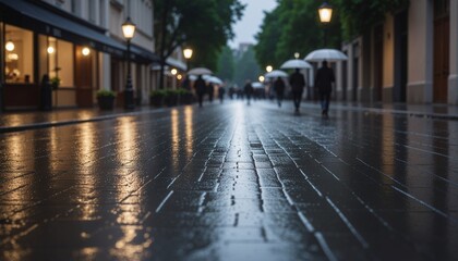 雨に濡れた石畳のヨーロッパの街並み / Rain-soaked cobblestone street in a European city
