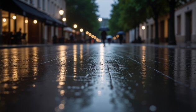 雨に濡れた石畳のヨーロッパの街並み / Rain-soaked cobblestone street in a European city
