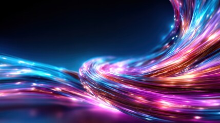 A dazzling display of colorful light trails swirls through space against a dark backdrop, symbolizing energy, movement, and the beauty of abstract art combined with technology.