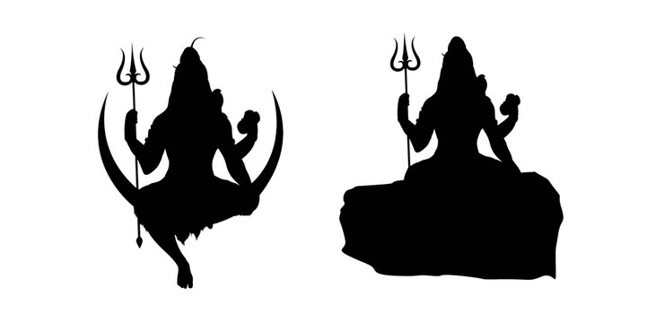 silhouette of lord shiva in meditation sitting on half moon and rock holding trishul