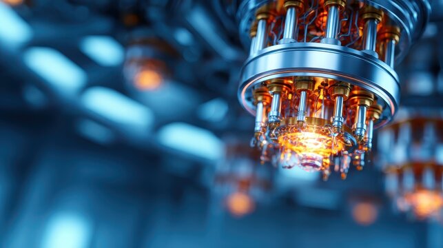 A striking close-up of a futuristic quantum processor showcasing intricate metallic components that emit an ethereal glow, representing advanced technology and innovation.