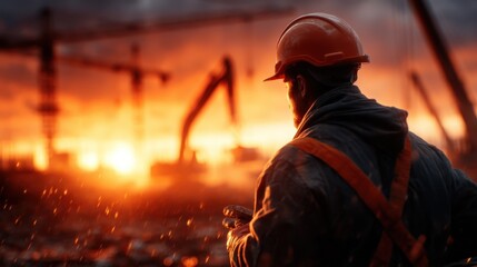 Naklejka premium Silhouetted against a dramatic sunset, a construction worker thoughtfully gazes over the site, symbolizing determination and resilience in the face of hard labor and challenges.
