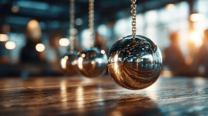 Three polished pendulum balls swing rhythmically in a contemporary space, highlighting the beauty of motion, reflection, and the science behind pendulum dynamics in a captivating way.