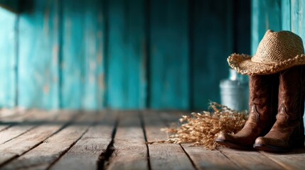 Obraz premium A pair of rustic brown cowboy boots accented by a straw hat resting on a wooden floor, reflecting traditional country lifestyle and timeless Western charm.