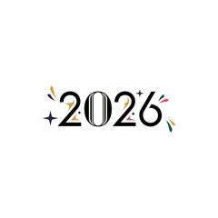 A stylized and festive illustration of the year 2026, featuring decorative numbers and celebratory confetti elements