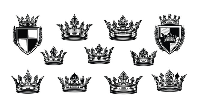 Collection of vintage royal crowns and heraldic shields in black and white