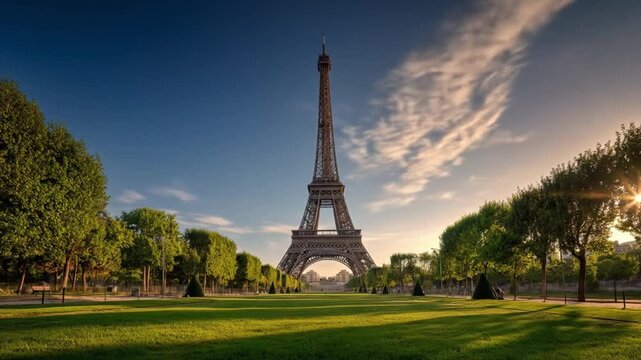 Centered Eiffel Tower rises above a sunlit Paris lawn, framed by green trees and a clear blue sky!!!