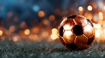 A close-up shot of a golden soccer ball shimmering against a bokeh backdrop, evoking excitement and passion for the sport, blending luxury with athleticism.