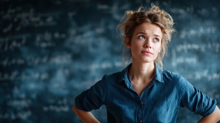 A pensive young woman stands in front of a chalkboard filled with mathematical equations, portraying deep contemplation and the pursuit of knowledge in an academic setting.