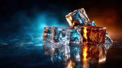 A close-up of various ice cubes artfully stacked, showcasing their transparency and reflection, capturing unique colors and light in a moody atmosphere.