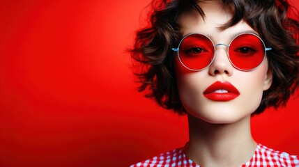 Fototapeta premium This captivating image showcases a chic woman with curly hair sporting red sunglasses, radiating confidence and style against a vibrant red background, emphasizing modern fashion aesthetics.