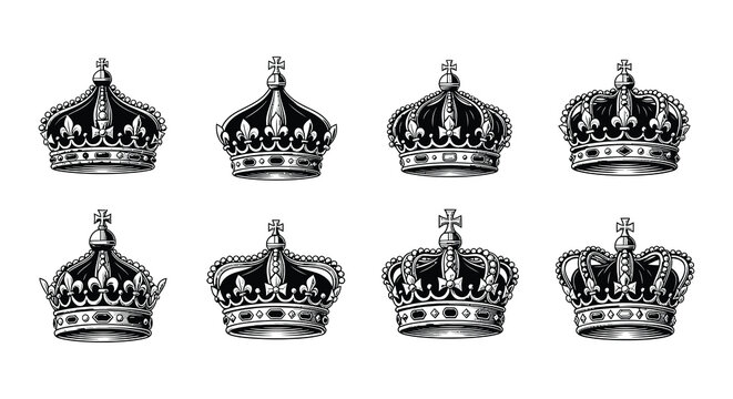Collection of vintage royal crowns and heraldic shields in black and white
