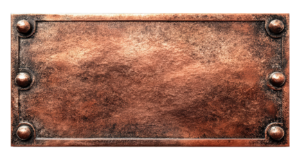 Weathered Copper Plate: An antique rectangular copper plate, exhibiting a rugged, timeworn surface texture and a captivating aged patina, embellished with prominent rivets.