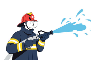 A fireman sprays water from a hose, graphic style on white