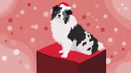 An Al generated illustration of An adorable dog wearing a festive Santa hat perched atop a red box 
