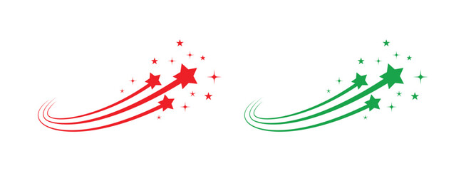 Red and Green Shooting Stars with Swirls streak comet On Transparent Background