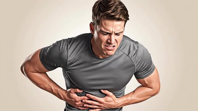 Expressive Man Clutching Stomach in Pain Showing Discomfort and Suffering Emotions