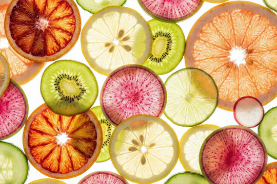 Flat lay composition of translucent backlit fruit and vegetable slices including grapefruit, kiwi, and radish creating a colorful healthy texture. - Powered by Adobe
