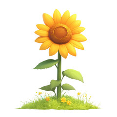 Bright and Cheerful Sunflower with Green Leaves and Grass Background