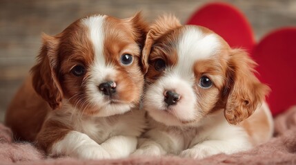 adorable fluffy puppies cuddling on valentine day card