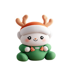 Cute Christmas Character with Antlers and Santa Hat in Green Outfit