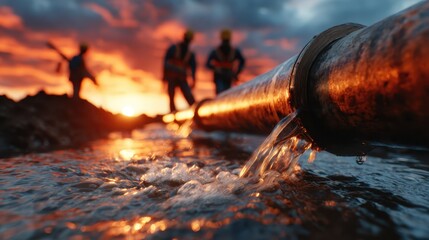Silhouettes of construction workers working near a water pipeline at sunset, illustrating the dedication and hard work in infrastructure development under golden skies.