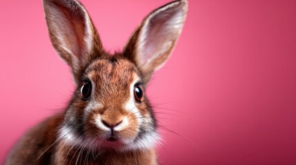 Obraz premium This charming close-up image showcases a rabbit against a vibrant pink background, capturing its endearing features and playful expression, ideal for animal lovers and creatives.