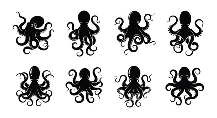 A collection of monochrome octopus illustrations in various swirling poses