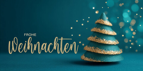 Fototapeta premium Frohe Weihnachten Winter Konzept, Weihnachtskarte, Grußkarte, Karte mit deutschem Text - Abstrakter Weihnachtsbaum, Tannenbaum oder Christbaum, isoliert auf türkisem Hintergrund