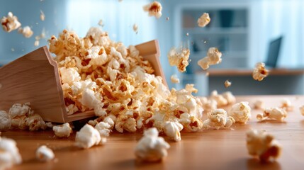 A captivating, close-up image of popcorn spilling out of a wooden bowl, showcasing the tasty, buttery snack that evokes feelings of fun and comfort during movie time.