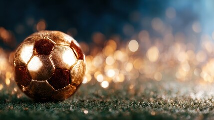 A glittering soccer ball rests on lush green turf, evoking feelings of excitement and anticipation for the beautiful game in a stylish, artistic presentation.