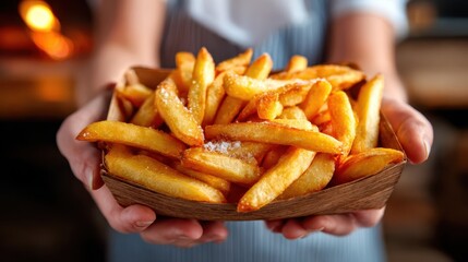 A lavish serving of golden crispy French fries presents a mouthwatering sight, symbolizing comfort food and joy during indulgent moments with friends or family.