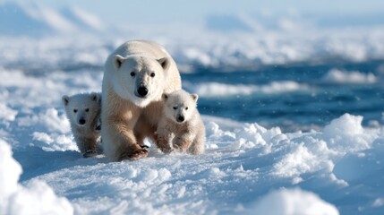 A polar bear mother and her two cubs traverse a snowy landscape, showcasing the beauty of wildlife and the bond within nature's most iconic families in the Arctic.