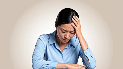 Expressions Of Physical Discomfort And Headache Pain In Woman Wearing Blue Shirt In Minimalism Style
